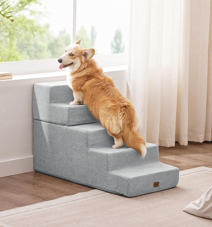 Made4Pets Dog Stairs for High Bed, Extra Wide Pet Stairs for Bed Couch Sofa, 35D Foam Pet Steps for Small Dogs and Cats, Non-Slip Bottom Dog Steps, Light Grey, 5 Steps