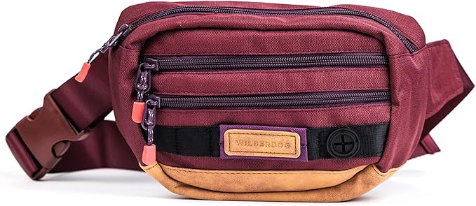 Wilderdog Utility Fanny Pack stores Treats, Balls, Keys in 3 Pockets with adjustable strap and Poop Bag dispenser (Huckleberry)