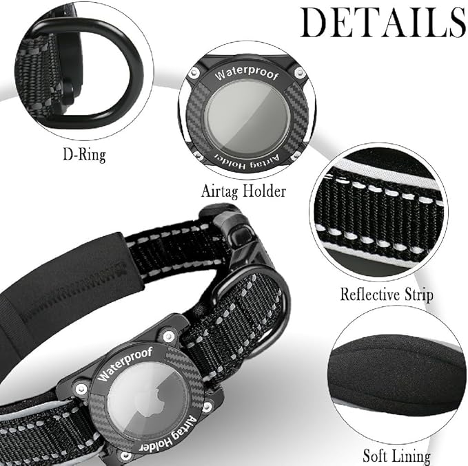 Upgraded AirTag Dog Collar, IP68 Waterproof Dog Collar with Apple Air Tag Holder, Reflective Adjustable Heavy Duty Dog Collars with Soft Padded for Small, Medium and Large Dogs,Black, L