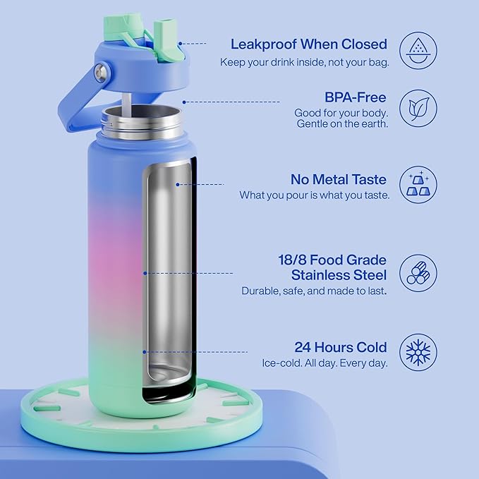 Insulated Water Bottle with Straw Stainless Steel Water Bottle, Leak-Proof, BPA-Free, Double Wall Vacuum Keeps Cold for 24 Hours for Sports, Travel, School (32 oz, Frosted Lilac)