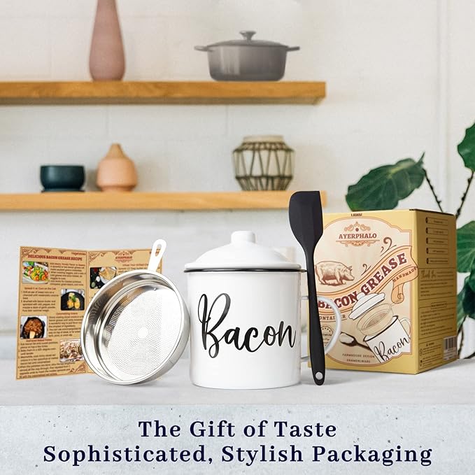 Bacon Grease Container with Strainer - With Food-Grade Silicone Spatula , 46oz Large Enamel Rustic Farmhouse Fat Container , Keeper , Recipes , Dishwasher Safe