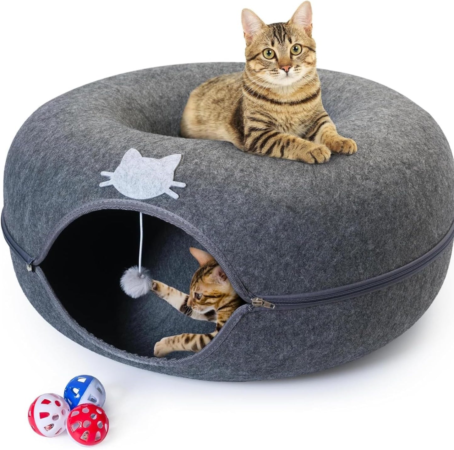 Meow Mansion Large Cat Cave Donut - Cat Tunnel; up to 30lbs - 3 Toy Balls & Hanging Ball Included - Scratch Resistant, Detachable and Cleanable Cat Donut Bed