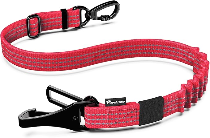 Pawaboo Dog Seatbelt for Car, 3-in-1 Dog Seat Belt Bungee, Shockproof Dogs Tether for Car with Buckle & Hook Latch, Adjustable Reflective Dogs Cars Harness Leash with 360° Lockable Buckle, Red