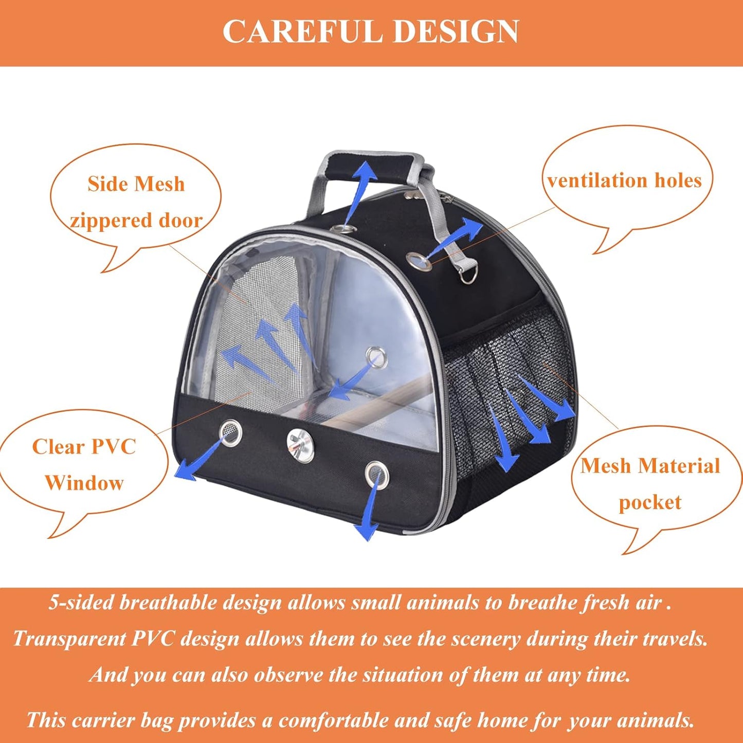 Bird Carrier with Stand & Tray, Small Bird Travel Cage for Parrot & Parakeet, Shoulder Strap - Black