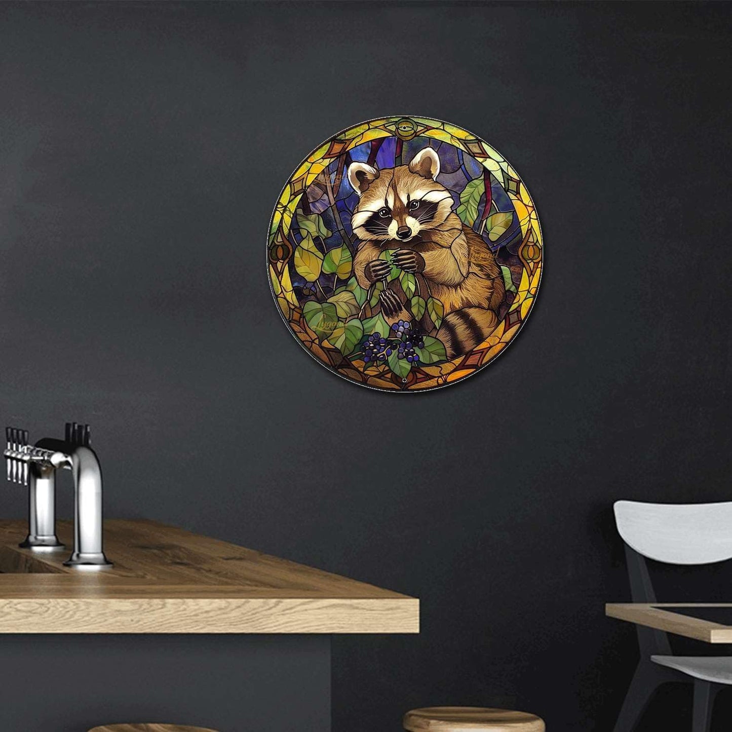 Lygond Metal Sign Tin Sign Circular Stained Glass Raccoon Minimalist Wall Art for Club 8×8 Inches