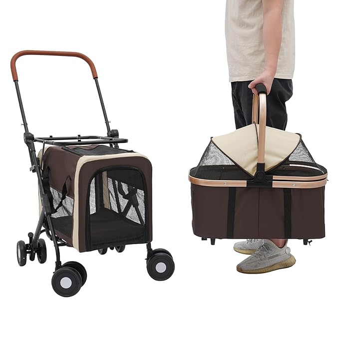 Double Pet Stroller for Dogs and Cats, Foldable Dog Stroller Travel Carriage with Detachable Carriers, Safety Belts, and 4 Lockable Wheels for Small to Medium Pets (Coffee Color)