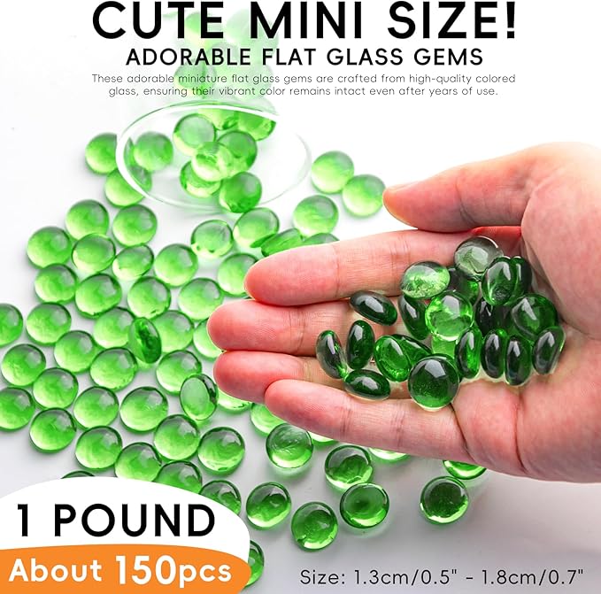 1 LB Green Glass Marbles, Mini Flat Glass Beads~150 PCS for Vase Fillers, Floral Bottom Mancala Gems Pebbles Fish Tank Rocks for Table Aquarium,Home Decor Art Craft Supplies(0.5"~0.7")