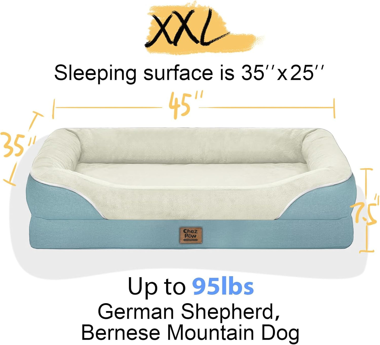 Washable Orthopedic Large Dog Bed - Dog Beds Large Sized Dogs with Removable Cover Waterproof Orthopedic XL Pet Bed with Bolster
