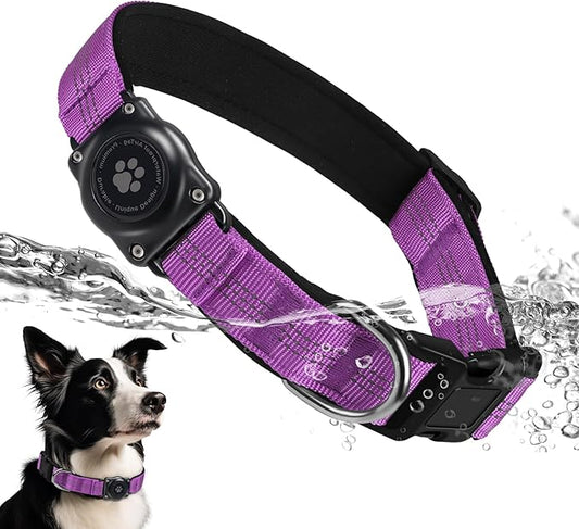 Upgraded AirTag Dog Collar, IP68 Waterproof Air Tag Dog Collar Holder, Reflective, Ultra-Durable, Comfortable Padded, Heavy Duty Dog Collars for Small Medium Large Dogs (L (14.8"-20.3"), Purple)