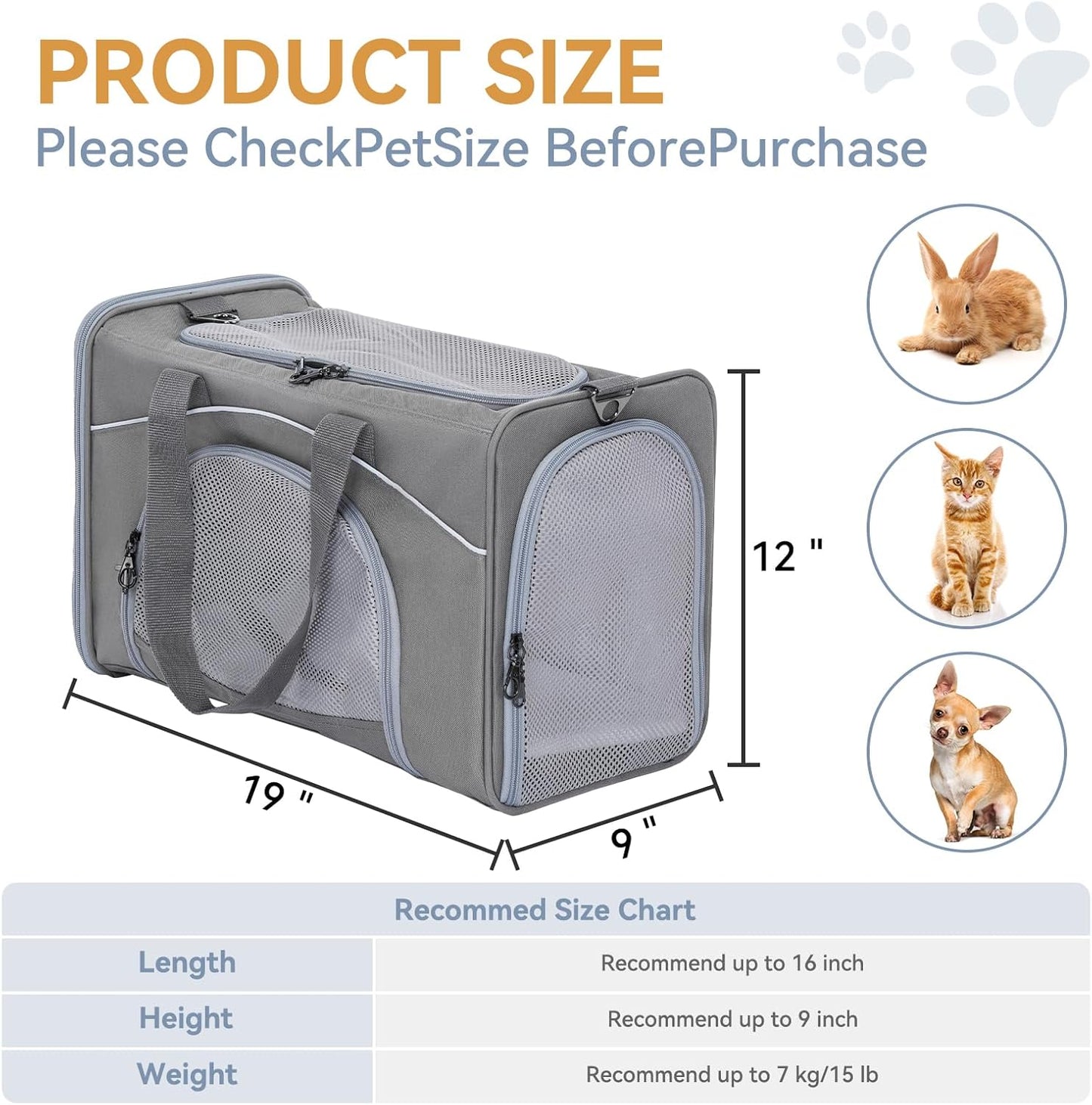 ‌Petsfit Airline Approved Pet Carrier for Small Dogs & Cats, 19x9x12 TSA Approved Carrier, with Removable Dual-Sided Padding (2-Way Placement) - Fits Under Most Airplane Seats, Escape Proof (Gray)