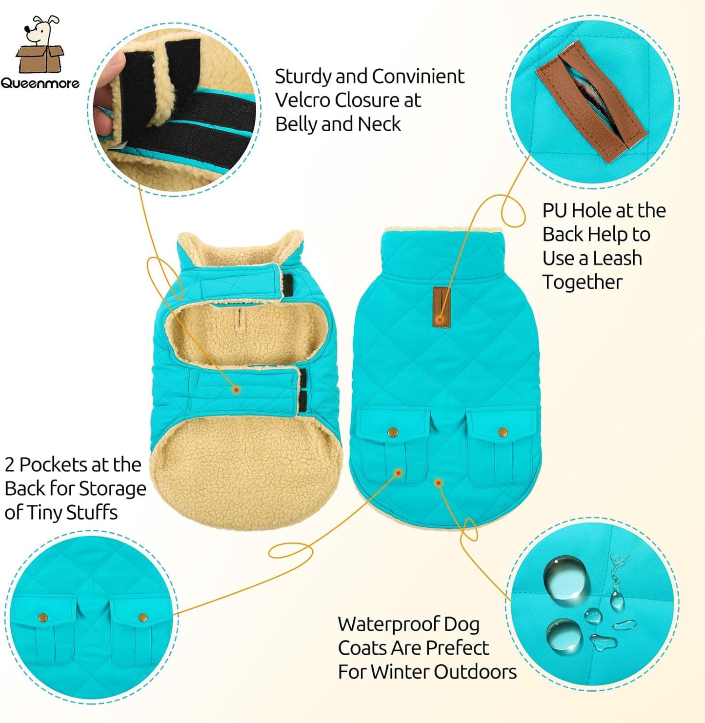 Queenmore Warm Dog Coat, Cold Weather Puffer Dog Coat Vest, Quilting Winter Pet Jacket Ultra Thick Plush Fleece Lining Pet Clothes for Dogs with Storage Pockets (Light Blue,Large)