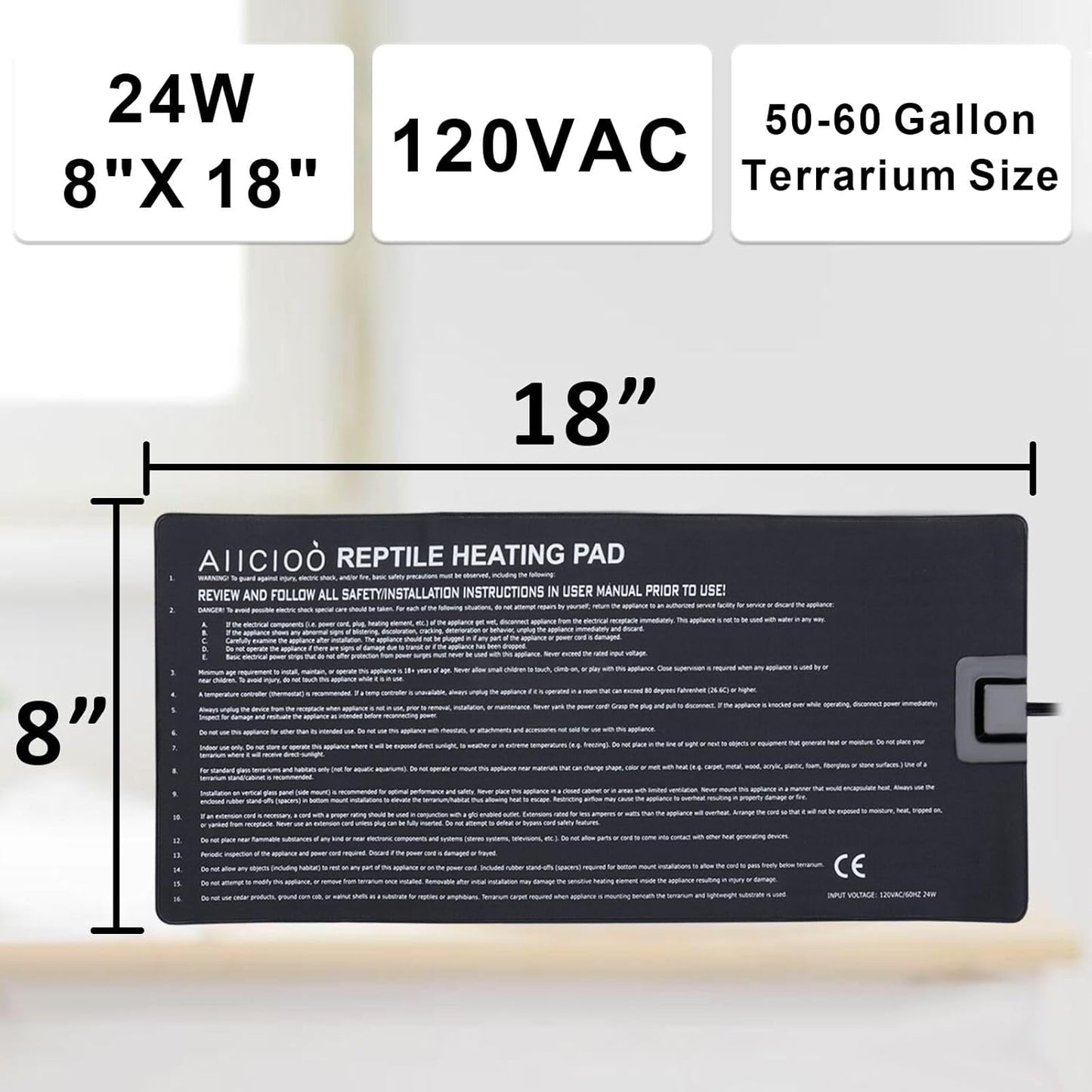 Aiicioo Reptile Heating Pad - Hermit Crab Heater Heat Mat for Reptiles Snake Lizard 24 Watt