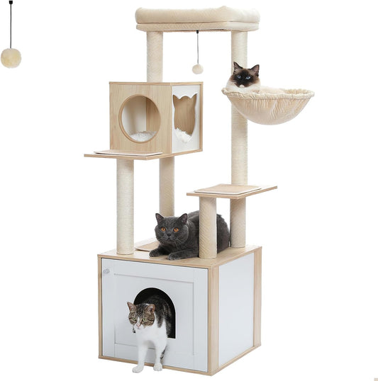 Tall Cat Tree with Litter Box Enclosure 56.7" Wooden Cat Tower for Large Cats with Cat Hammock House Bed (Wood Beige)