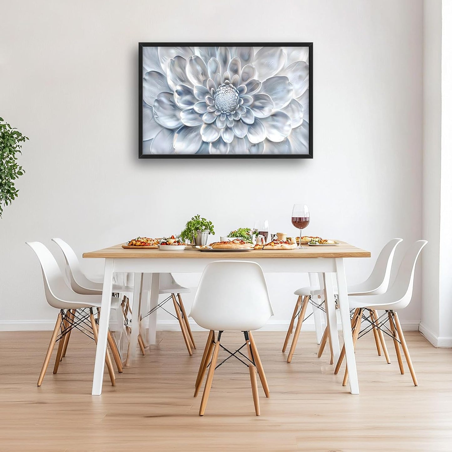 Abstract Flower Large Wall Art White Silver Floral Pictures Wall Decor Neutral Canvas Print Painting Artwork for Bathroom Living Room Bedroom 36L" x 24W"
