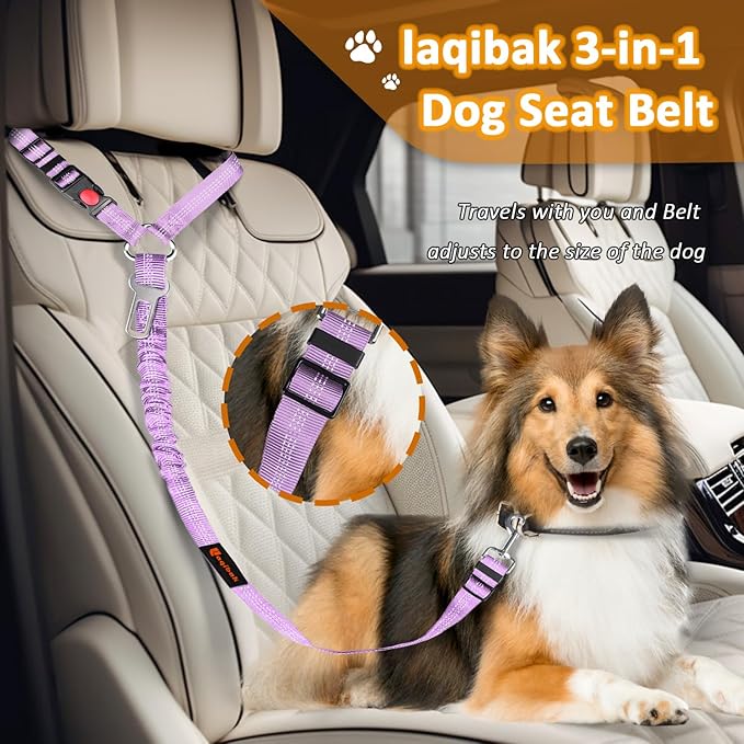 Removable Dog Seat Belt Harness for Car, 3 in 1 Pet Dog Car Seatbelt Leash, Retractable Restraint Secures to Vehicle Headrest & Adjustable Reflective Bungee Dog Seatbelt Tether, Purple and Black