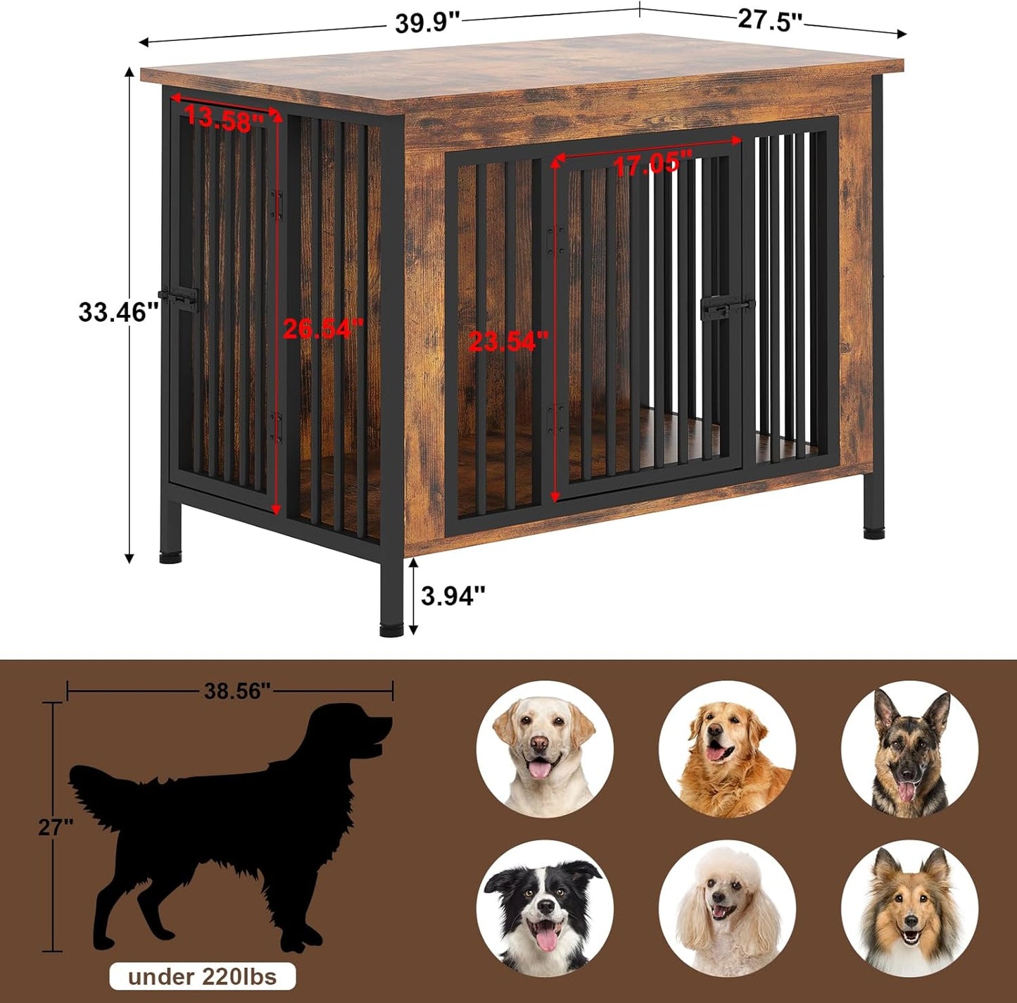 EasyCom 39.96" XL Wooden Large Dog Crate Furniture for Medium and Large Breed, Chew-Resistant Dog Kennel Furniture Indoor with 2 Doors and 3.94" Raised Feet, as TV Stand, End Table, Crate Table