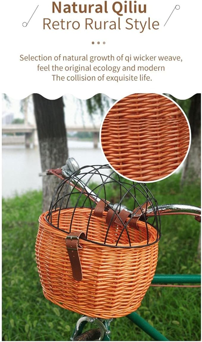 Shiker Basket with Wire Mesh Cover, Wicker Bike Basket for Small Dogs Cats, Front Handlebar Bike Basket, Easy to Detachable, 11.81 x 9.84 inch