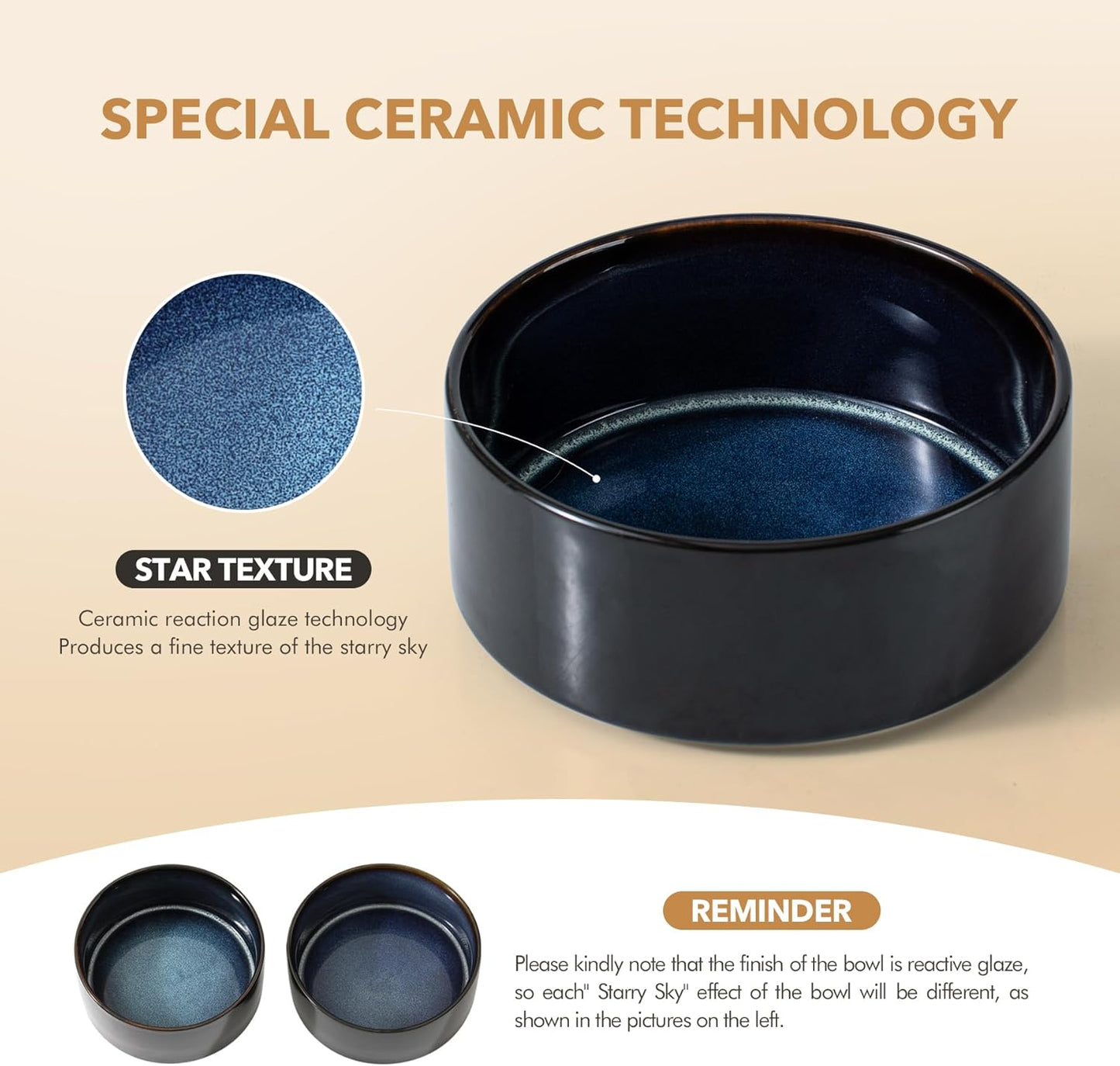 Ceramic 8.2inch Raised Dog Bowl Set, Elevated with Acacia Wood Stand, Food and Water Bowl for Large Breed Dogs, Weighted Pet Dishes(60oz, Starry Sky)