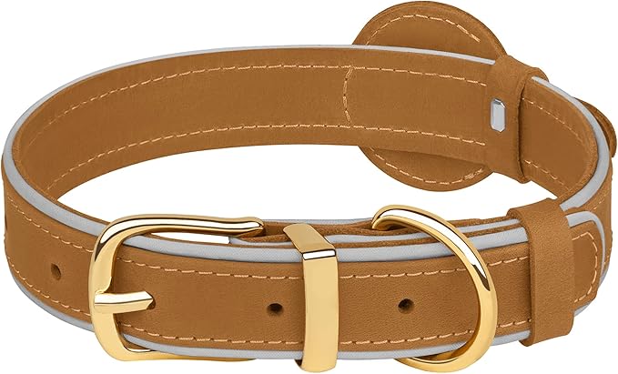 OOPSDOGGY Reflective Geniune Leather Airtag Dog Collar Soft Padded Collars for Small Medium Large Breed Dogs Puppy, 4 Sizes, 7 Colors (Camel, XLarge, 19"-24")