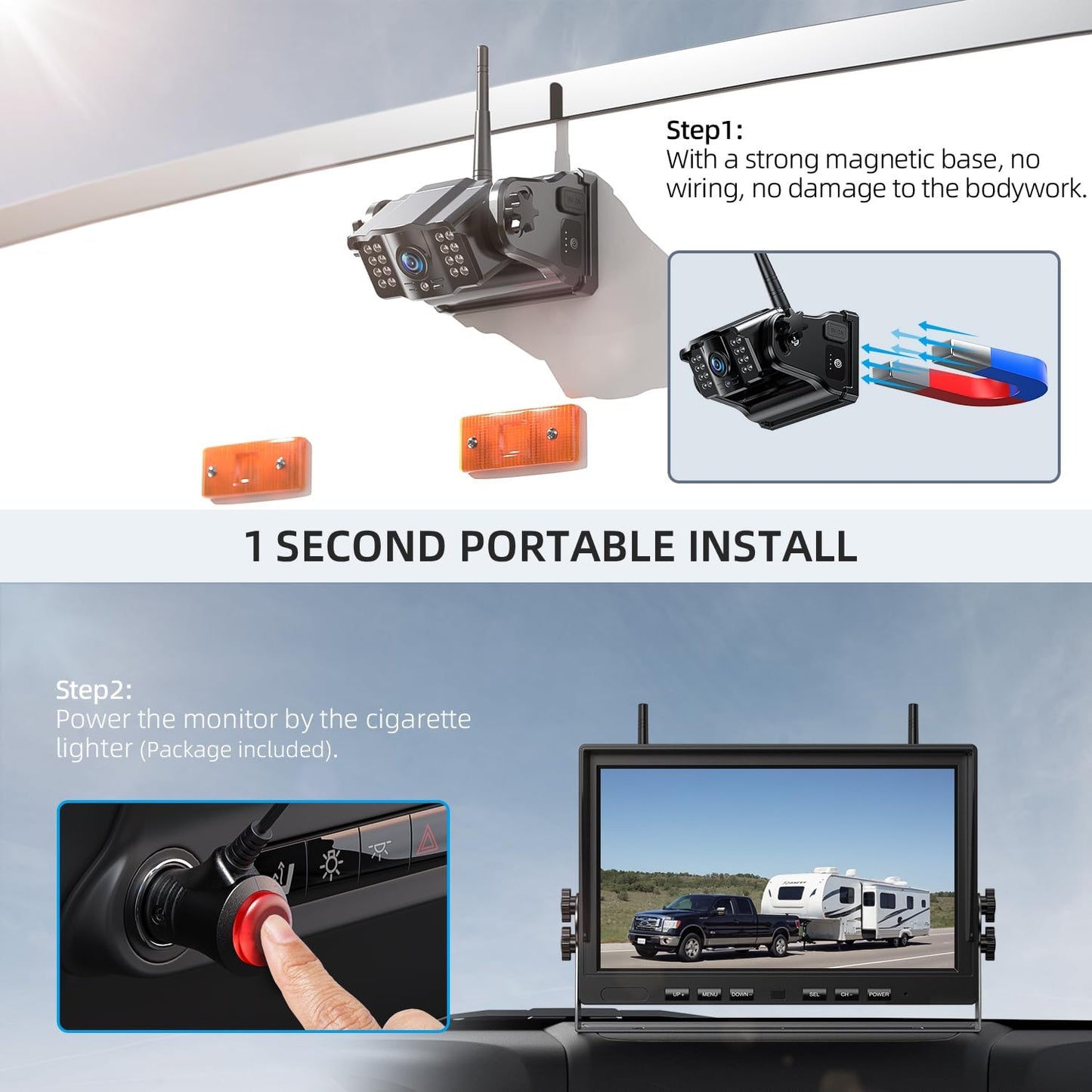 eRapta 4 Wireless Backup Camera Magnetic: 10.1" IPS Full-Size DVR Monitor, Install-Free RV Camera System with IR Night Vision, Built-in 9600mAh Battery for RV/Camper/Truck/Trailer/Tractor ACT104