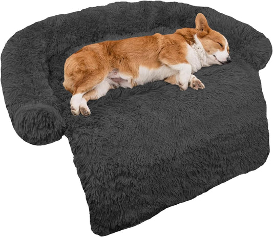 Calming Dog Bed Fluffy Plush Dog Mat for Furniture Protector with Removable Washable Cover for Large Medium Small Dogs and Cats (Medium(41x37x6), Dark Grey)