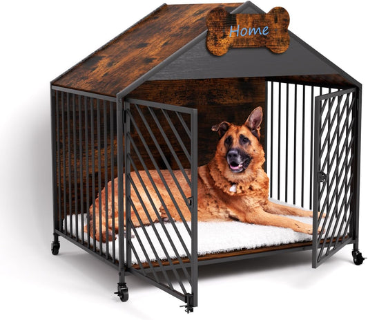 Heavy Duty Dog Crate Furniture for Large Breed - 39.4" Chew-Proof Kennel with Gable Roof, Double Door Escape-Proof Indoor Dog Cage, Rustic Brown