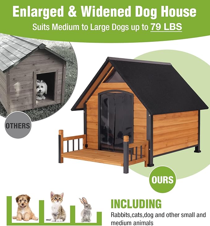 Large Outdoor Heated Dog House with Porch, All-Around Insulated Liner, Weatherproof Outside Dog House with Anti-Bite Metal Frame, Dog Kennel for Small Medium Large Dogs
