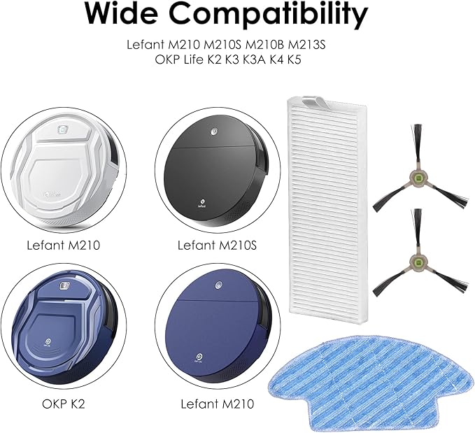 (12 Pieces) M210S M213S Replacement Parts for Lefant M210 Pro M210P M210B M213S M210S M210 M213, OKP Life K2 K3 K3A K4 K5, Robot Vacuum Accessories, 2 Mop Pads, 4 HEPA Filters, 6 Side Brushes
