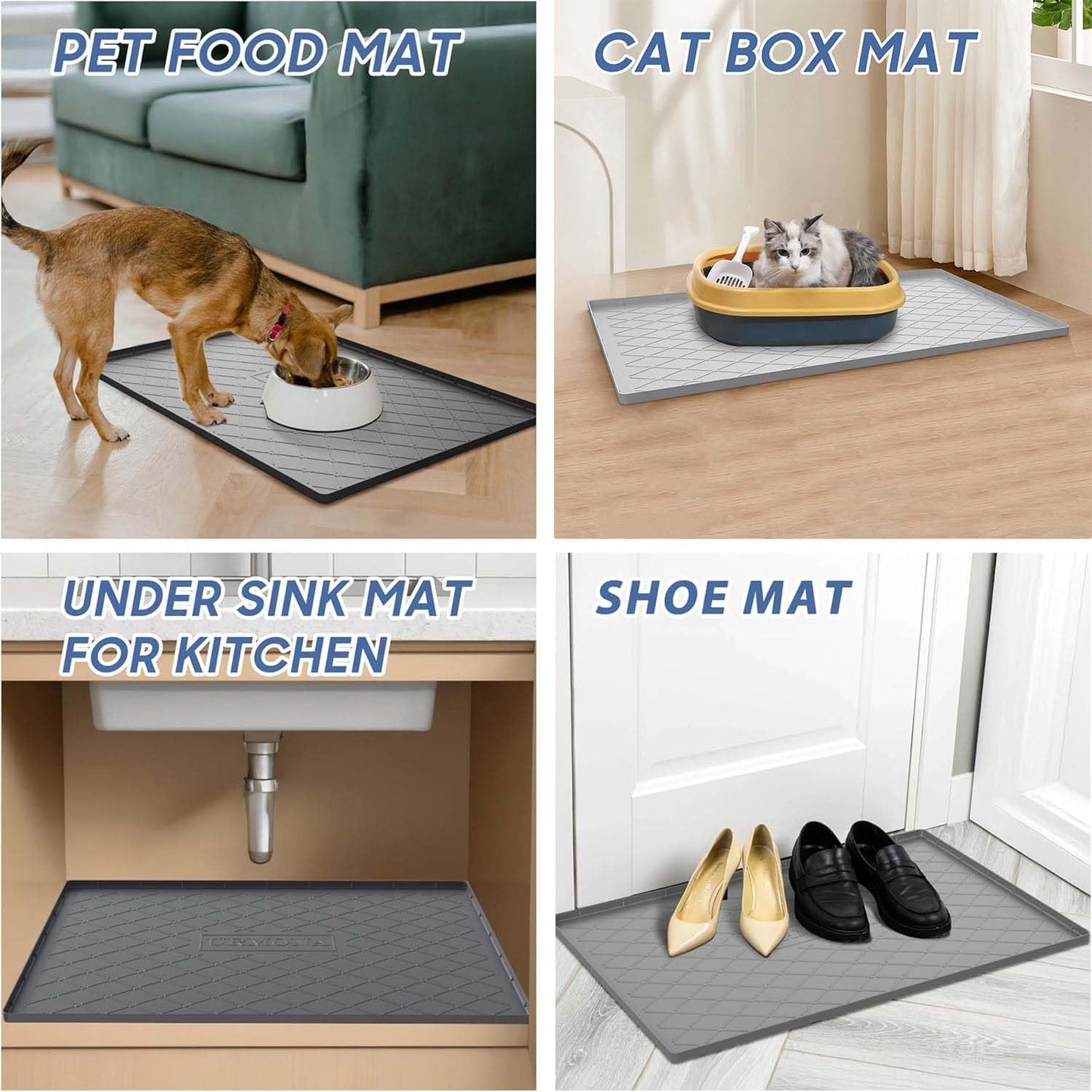 URMONA Large Dog Food Mat, 40" x 22" Pet Food Mat, Waterproof Dog Cat Food Mat with Raised Edges, Silicone Pet Food Mat, Dog Accessories, Prevents Food Spills, Protects Floors, Easy to Clean Fast