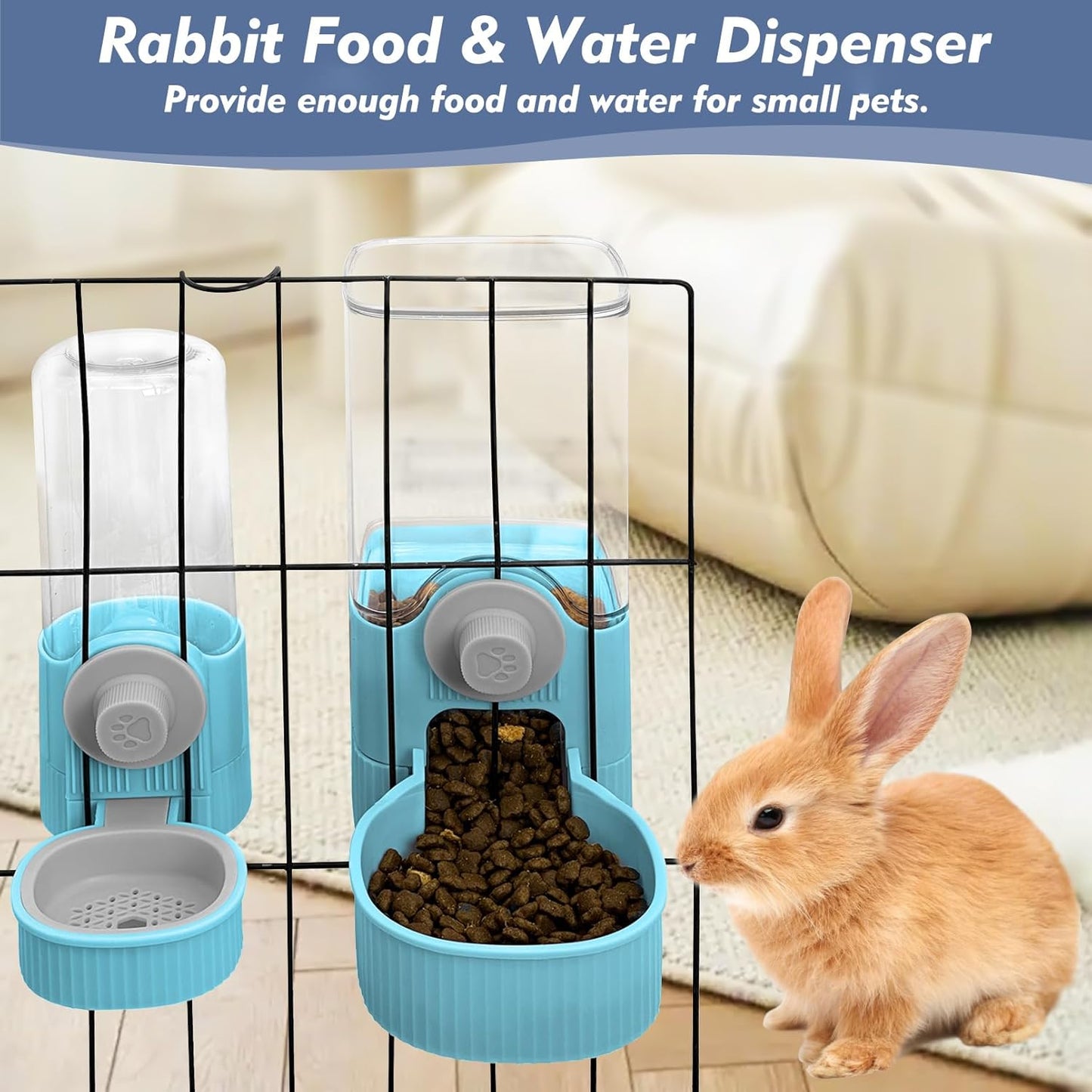 Fhiny Rabbit Food & Water Dispenser, Large Capacity Gravity Guinea Pig Feeder and Waterer Set for Cage Hanging Automatic Bunny Feeder for Bunny Guinea Pig Chinchilla Ferret Cat Puppy