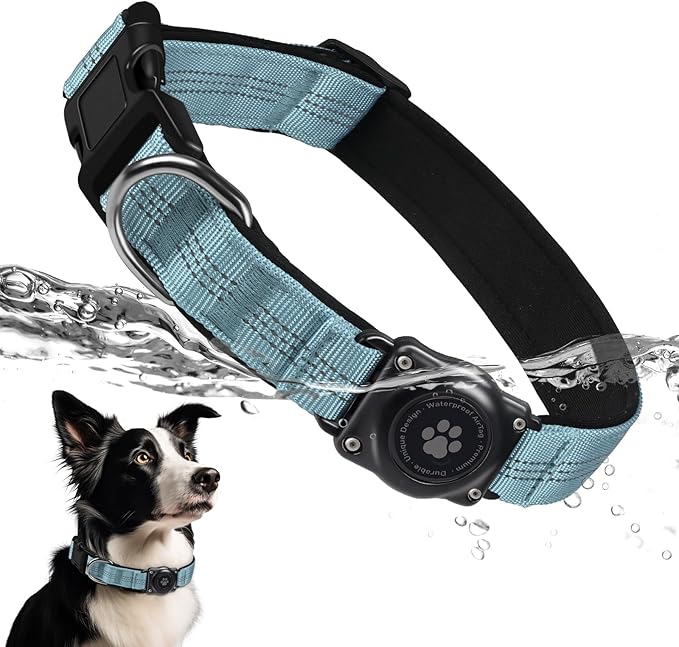 Upgraded AirTag Dog Collar, IP68 Waterproof Air Tag Dog Collar Holder, Reflective, Ultra-Durable, Comfortable Padded, Heavy Duty Dog Collars for Small Medium Large Dogs (XL (15.6"-22"), LightBlue)