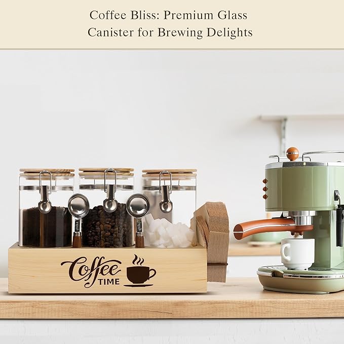 Glass Coffee Canister Set with Shelf & Spoons - 3 Piece Airtight Seal Coffee Bean Storage Containers & Filter Holder for Kitchen Organization