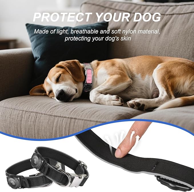 Waterproof Airtag Dog Collar - Nylon Collar with Durable Airtag Holder, Reflective&Anti-Lost with Safety Metal Buckle, Soft Padded Adjustable for Small Medium Large Dogs Black XL