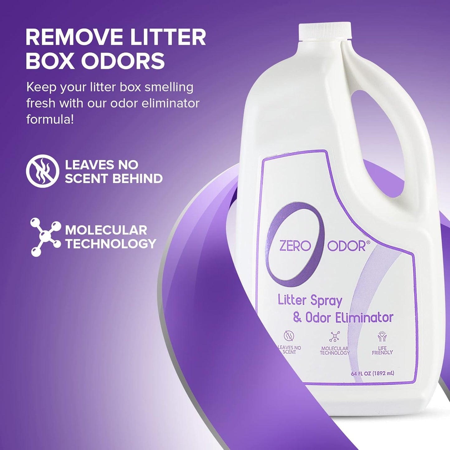 Zero Odor – Litter Odor Eliminator - Patented Molecular Technology - Pet Safe & Works on all types of litter, 64oz Refill