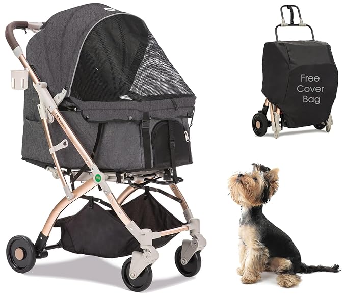 HPZ-PR America Pet Rover Lite Premium Light-Weight Dog/Cat/Pet Stroller Travel Carriage with Convertible Compartment/Aluminum Frame for Small & Medium Pets (Gray 2nd-Gen.)