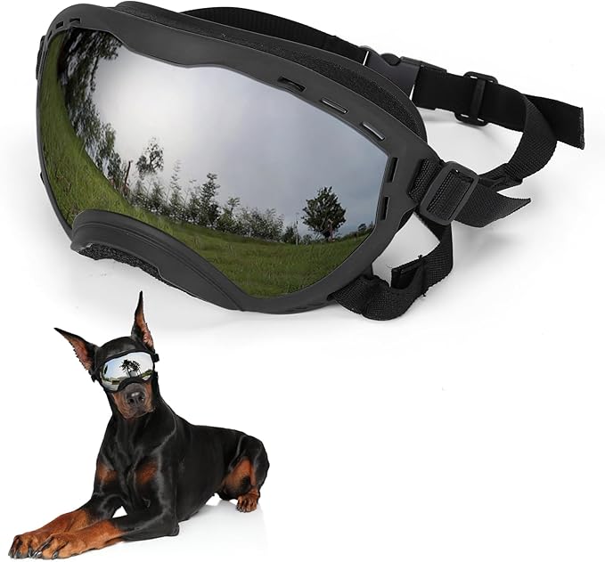 Dog Goggles for Large Dogs, UV Wind Dust Fog Protection, Soft Frame Adjustable Dog Sunglasses, Summer Driving & Winter Snow Eyewear, Tactical Pet Glasses with Elastic Strap (Black)