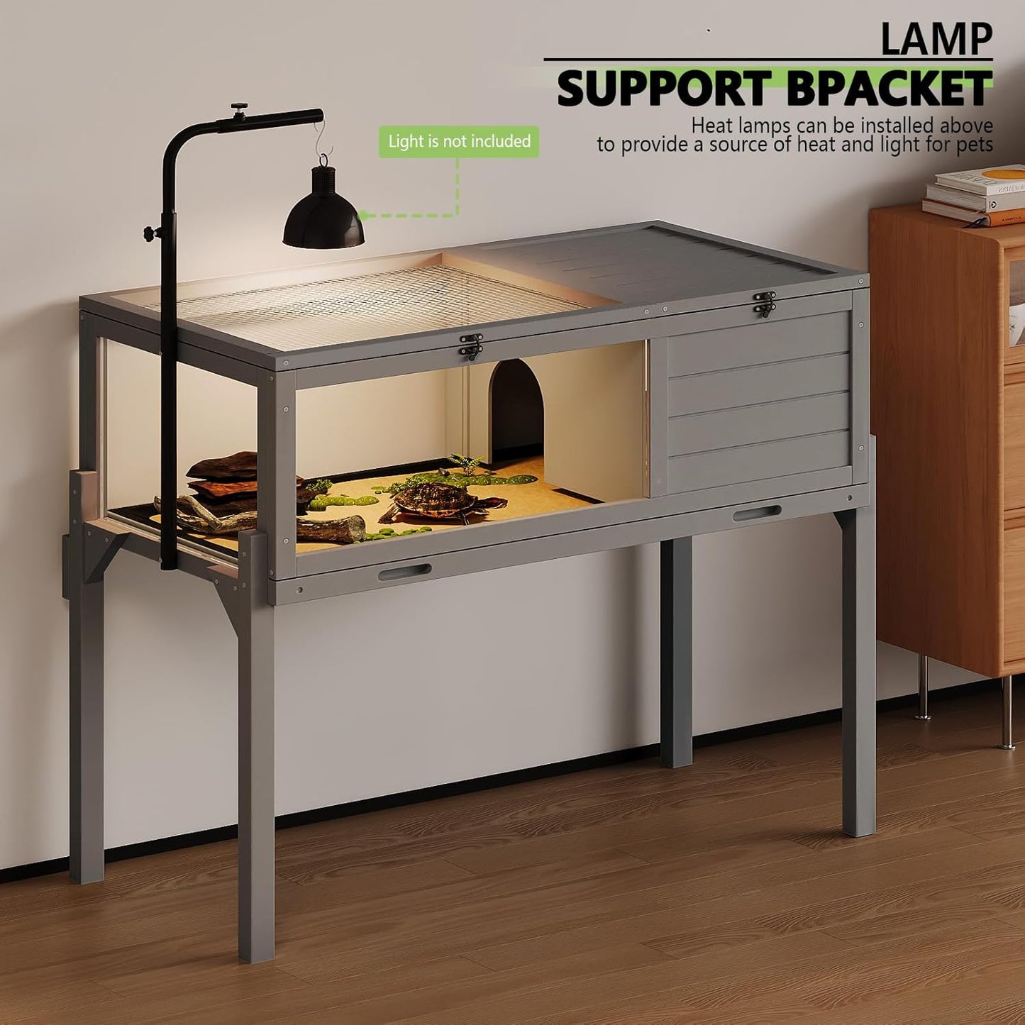 Tortoise Habitat with Adjustable Lamp Holder, Turtle Enclosure Indoor/Outdoor, Wooden House for Small Animals, Large Reptile Terrarium Table with Detachable Legs (New Gray)