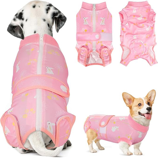 Lukovee Recovery Suit for Dogs, Zipper-On Onesie for Female Male Dog, Abdominal Wounds Cone E-Collar Alternative, Prevent Licking Spay (4XL, A-Pink)
