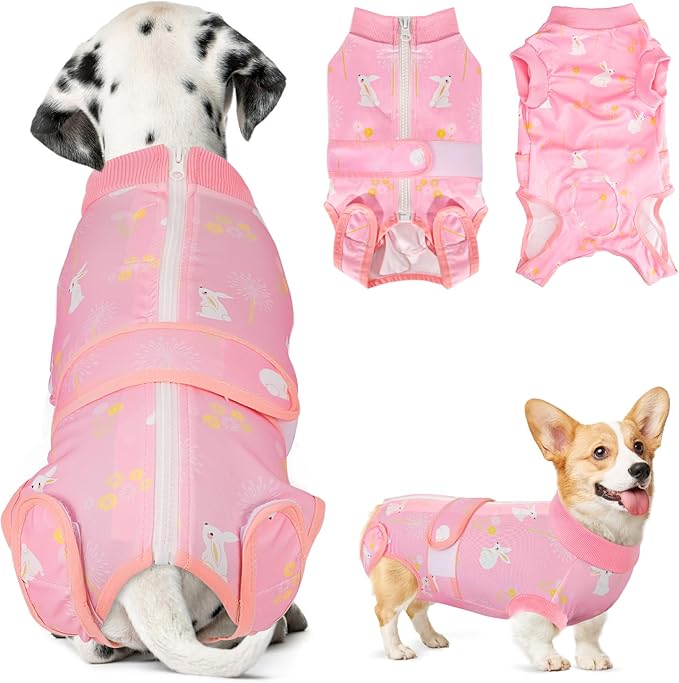 Lukovee Recovery Suit for Dogs, Zipper On Recovery Suit for Female Male Dog, Onesie Abdominal Wounds Cone E-Collar Alternative Prevent Licking Spay Recovery Suit (Pink, XXL)