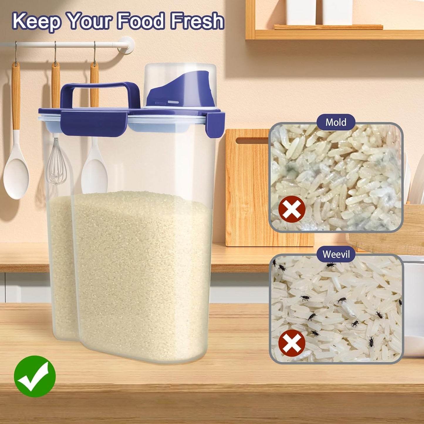 Rice Container, Airtight Rice Storage Container 10lb, Cereal Containers Storage, BPA Free Food Dispenser with Pouring Spout Handle for Flour Pasta Grain, Pet Dog Cat Bird Food Storage Container