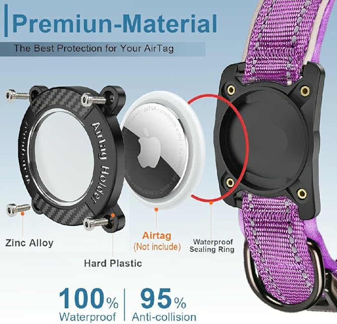 Upgraded AirTag Dog Collar, IP68 Waterproof Dog Collar with Apple Air Tag Holder, Reflective Adjustable Heavy Duty Dog Collars with Soft Padded for Small, Medium and Large Dogs,Purple, M