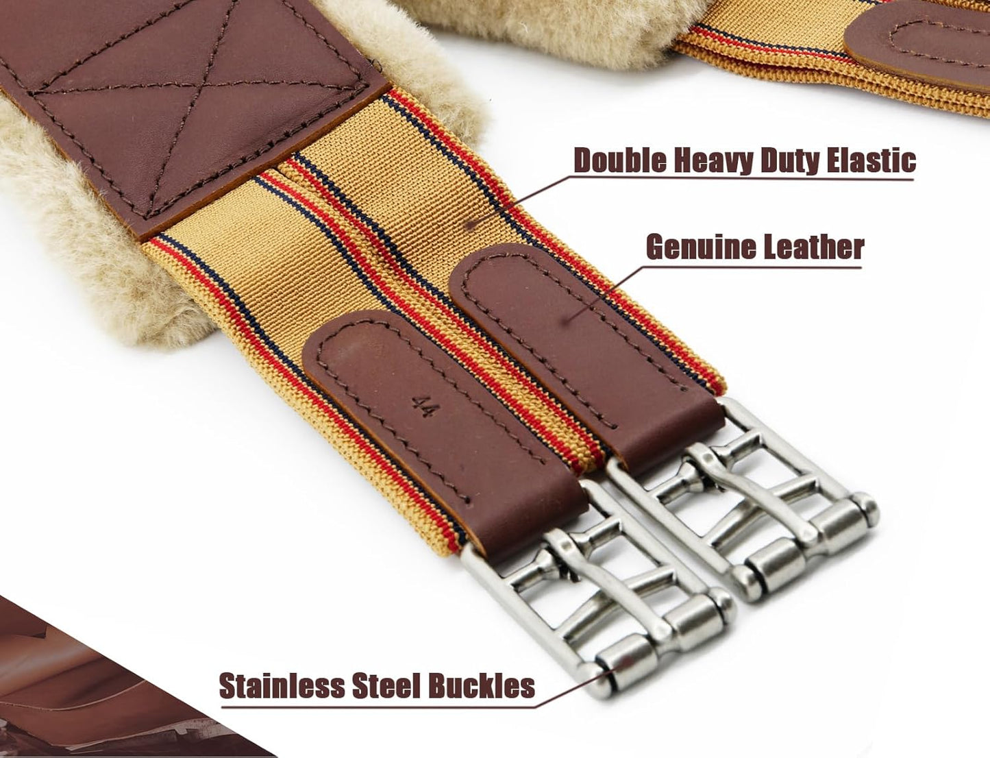 Jeereal Fleece English Girth | Breathable Horse Girth for English Saddle with Double Heavy Duty Elastic - Genuine Leather and High-Strength Webbing Stitched