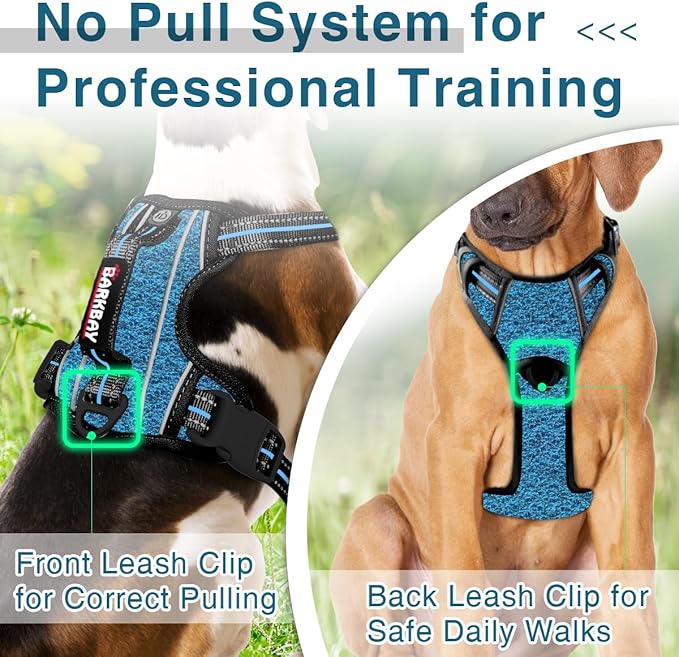 BARKBAY Dog Harness No Pull with ID Tag Pocket - Heavy Duty, Reflective, Easy Control for Large Dogs(Blue/Black,L)