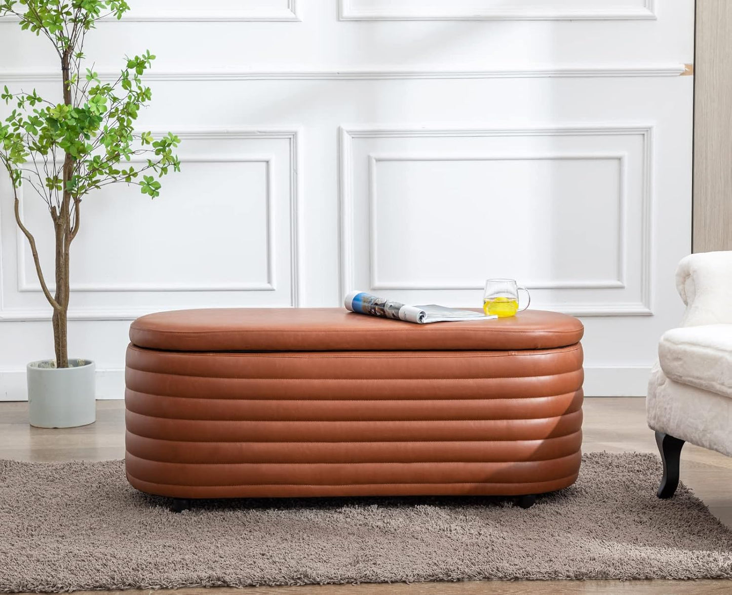 Kmax Storage Bench PU Leather Entryway Bench Upholstered Ottoman Bench for Bedroom Living Room Hallway, Brown