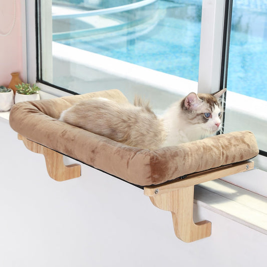 Cat Perch for Window Sill with Bolster - Orthopedic Hammock Design with Premium Hardwood & Robust Metal Frame - Cat Window Seat for Large Cats and Kittens - Natural Color Wood with Brown Bed