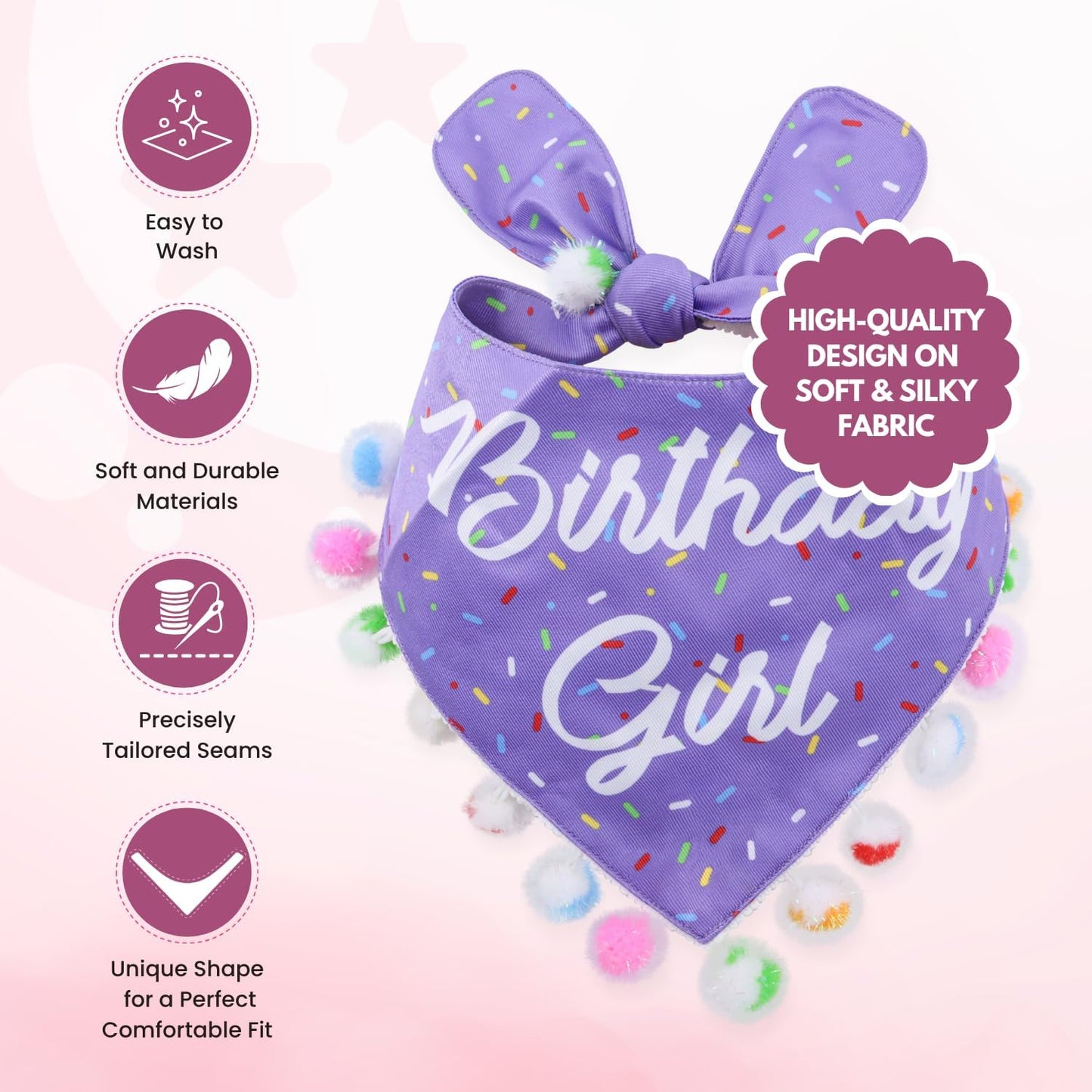 LunaMarie - Luxury Pet Birthday Bandanas -Premium & Silky Poly Fabric | 100% Handmade | Custom Shape Dual Layered (Birthday Girl Purple, Medium)