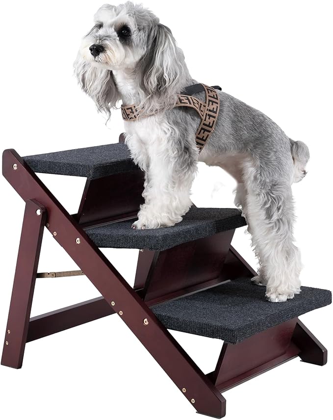 MEWANG Wooden Pet Stairs/Pet Steps - 3-in-1 Foldable Stairs & Ramp for Beds and Cars - Portable Dog/Cat Ladder Up to 220 Pounds - Great for Small and Older Animals(Brown) (24.8" L x 17.2" W x 19.5" H)