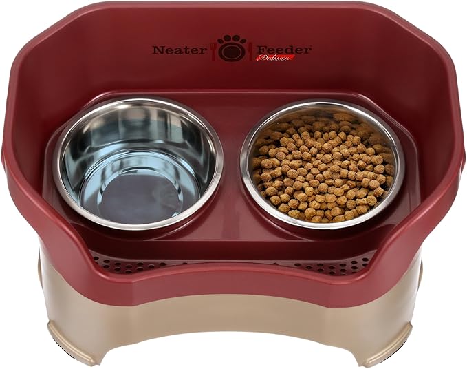 Neater Pet Brands Neater Feeder Deluxe Mess Proof Dog Bowls Elevated for Large Dogs Over 40 lbs, Made in USA, No Spill Raised Dog Food Bowl Stand Feeding Station, Food and Water Bowl Set, Cranberry