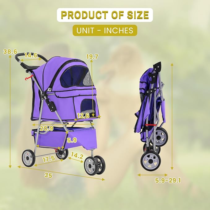 Foldable Pet Stroller,Dog Stroller with 3 Wheel,Pet Strolling Cart,Dog Travel Carrier with Storage Basket and Cup Holder for Dog Puppy,Purple