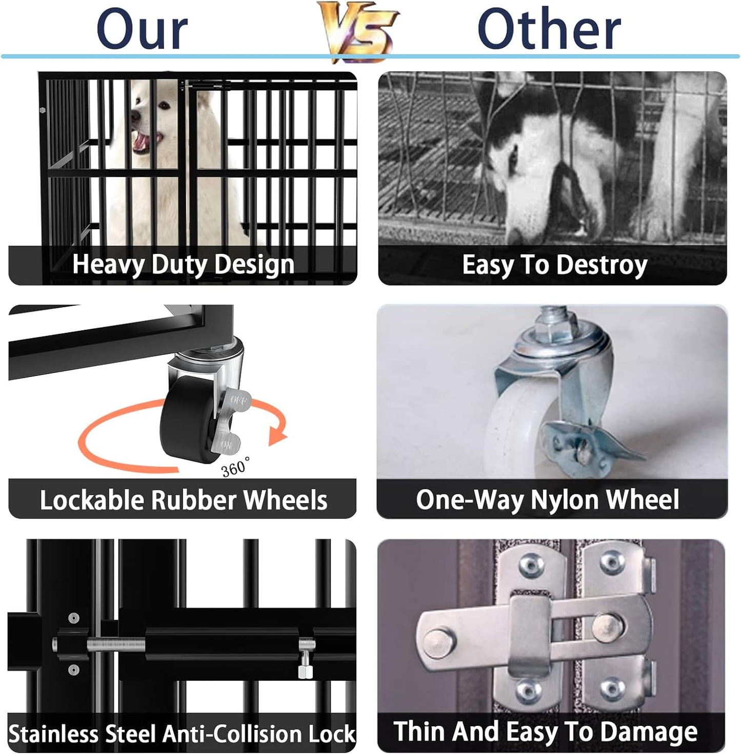 LEMBERI 48/38 inch Heavy Duty Indestructible Dog Crate, Escape Proof Dogs Cage Kennel with Lockable Wheels,High Anxiety Double Door Kennel,Extra Large Crate Indoor for Large Dog with Removable Tray